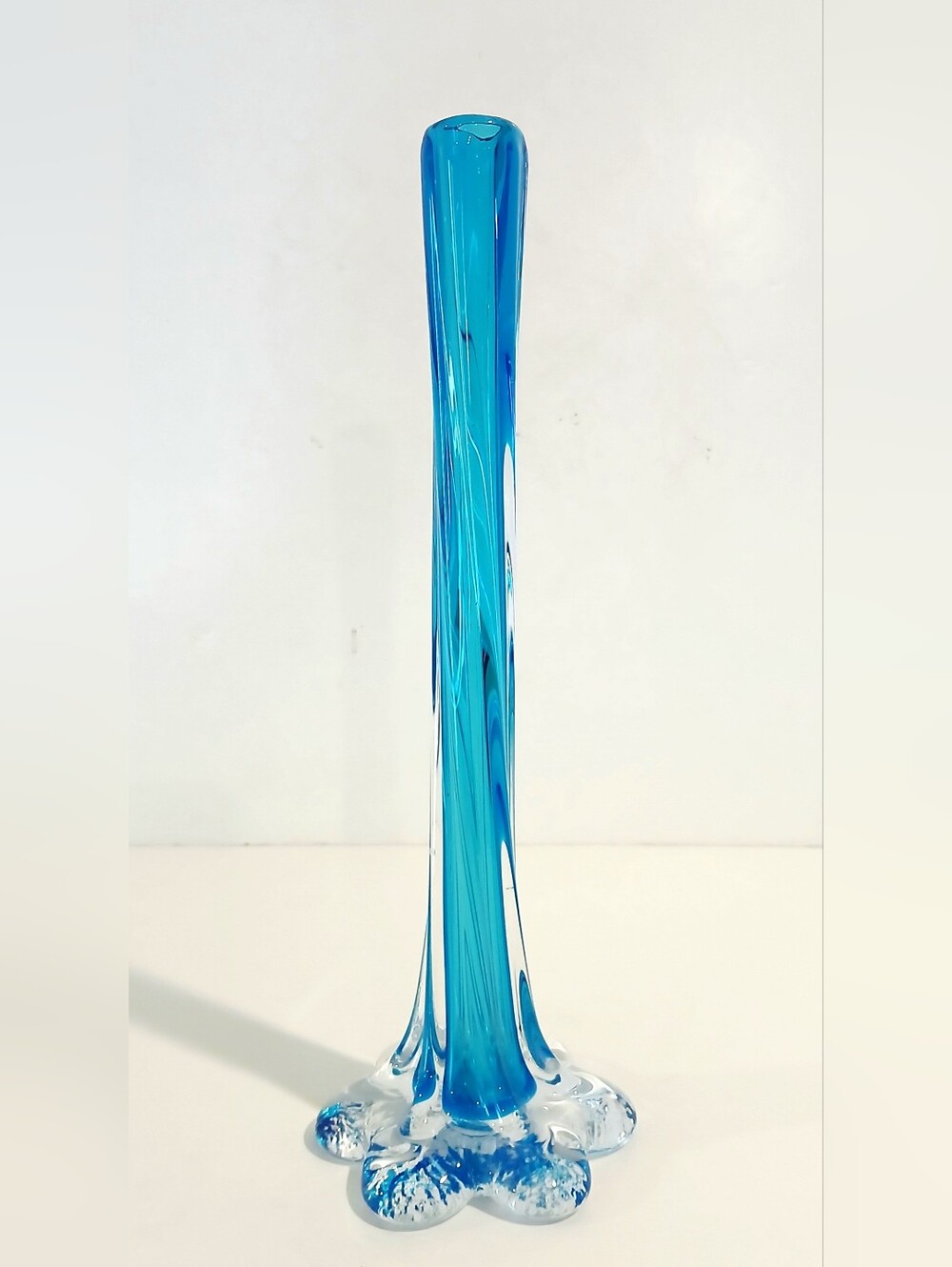 Vintage Tall Blue Twisted Glass Bud Vase - Artistic Home Art